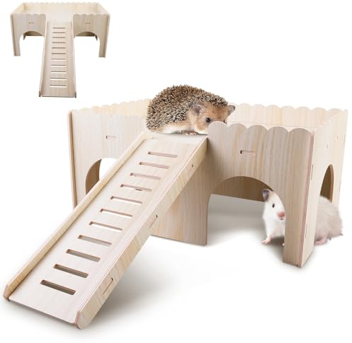WIYETY Lit en bois pour cochon d'Inde - Grande maison pour cochon d'Inde avec rampe et entrées - Accessoire pour cochon d'Inde - Pour chinchilla, hamster, lapin, furet - 34 x 24 x 18 cm