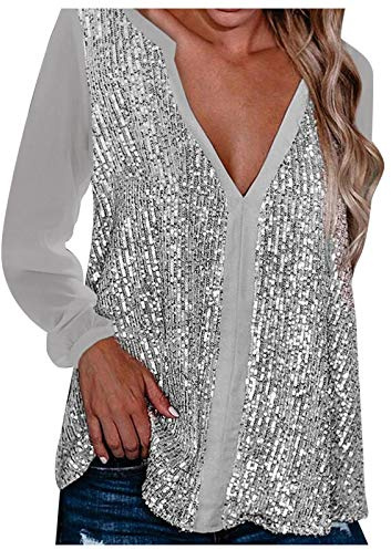 Camicia Donna Elegante Curvy Argento Maglia Donna Eleganti da Sera Maglioni Morbide Scollo a V Camicette Taglie Forti Magliette da Cerimonia Comode Abbigliamento T Shirt Festiva per Feste e Serate