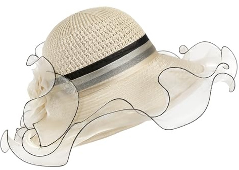 TINAYAUE Chapeau Derby pour femme en organza floral années 1920 - Chapeau élégant Gatsby pour femme - Chapeau melon à large bord - Chapeau de soleil pour robe de mariée, cocktail, thé, beige, Taille