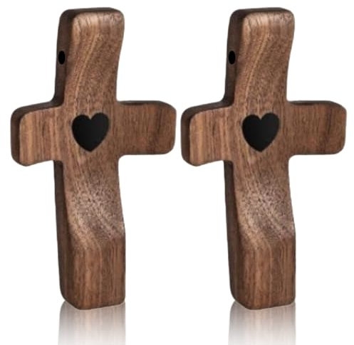 RJLLKD 2 Pcs Christian Wooden Cross, Heart Mini Olive Wood Holding Fingertip Stress Relief Cross Religious Keepsake Christian Faith Symbol Handheld Design Fit Kids Adults for Christmas Thanksgiving