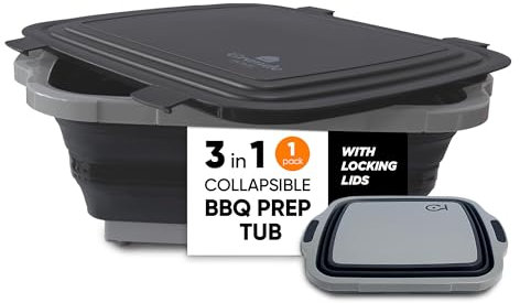 Grande Home BBQ Prep Tub Collapsible X-Large with Cutting Board, Locking Lid – Meal Prep Food Prep Containers with Lids for Resting Meat –3 Adjustable Height - Ideal for Camping, Picnic, Dish Basin