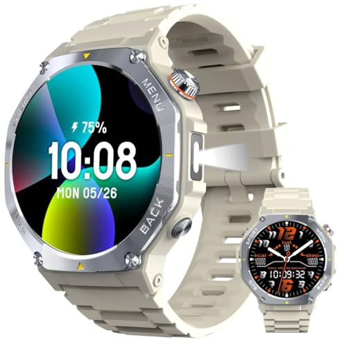 Reloj Inteligente Hombres con GPS, Militar Estilo, 170+ Modos Deportivos, 1.43 AMOLED, Linterna, Smartwatch para Android & iOS, Llamadas Bluetooth, Pulsometro/Sueño, Brújula/Altímetro, 3ATM, Blanco