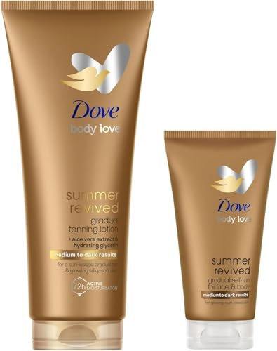 Dove Kit di Lozioni Autoabbronzanti Summer Revived, Per Viso e Corpo, Pelli Medie e Scure, Abbronzatura Graduale, Pelle Luminosa, 72H di Idratazione, Con Aloe Vera, 1x 200ml + 1x 75ml