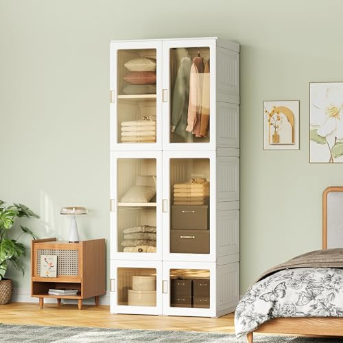 Yeutre Armario de almacenamiento plegable, armario portátil con 6 puertas magnéticas y 10 compartimientos, 1 barra de suspensión, armario plegable modular de plástico para dormitorio, vestuario
