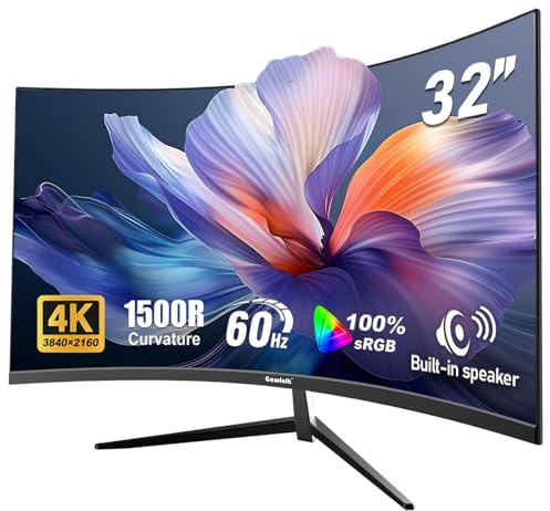 Gawfolk 32 Inch 4K UHD Curved 1500R Computer Monitor, Ultra-Clear (3840×2160p) Screen, 100% sRGB, 178° Viewing Angle, DisplayPort 1.4, HDMI 2.0, Compatible with Wall Mounting 100 * 100MM - Black