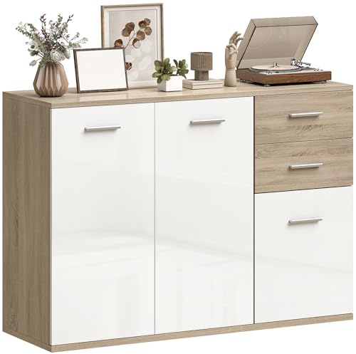 HOMCOM Buffet Salon à Haut Brillance, Meuble de Rangement avec 2 tiroirs, 3 Portes et étagère réglable, Style Contemporain, Buffet Salle à Manger et Cuisine, 106 x 35 x 76 cm, Blanc et Bois Naturel