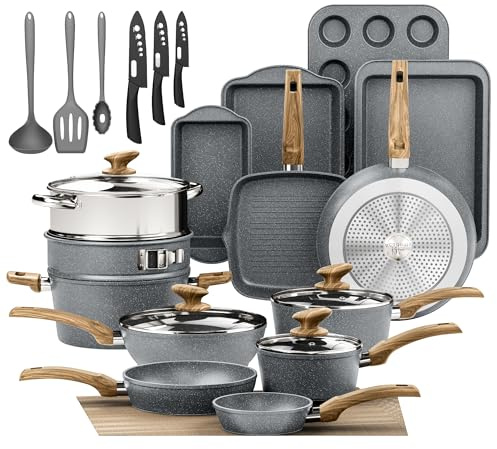 Kitchen Academy Ensemble de casseroles 30 pièces avec revêtement Gris | Ensemble de casseroles en granit et couvercles en verre, adapté à l'induction, incluant poêles et marmites