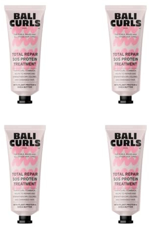 BALI CURLS Total Repair SOS Protein Treatment Mini Lot de 4 masques jetables pour cheveux secs et abîmés, soin intensif avec protéines végétales, méthode végétalienne et bouclée