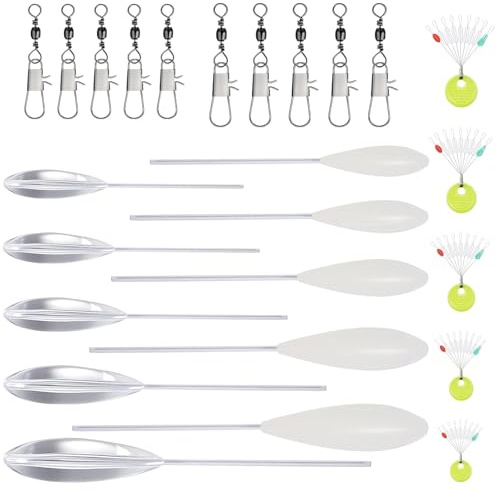 RPHONGHONG 25 stycken Sbirolino-set, öring fisketillbehör set 5 st Sbirolino flytande 5 st Spirolino sjinkande 6 g 8 g 10 g 15 g 20 g och 10 x trippelvirvel 5 x snörstoppare fiske spirolino öringsset