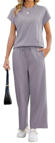 Famulily Ladies Leisure Wear Sets Crew Neck Pleated Tops and Cropped Wide Leg Trousers Summer Track Suits Grey Purple L