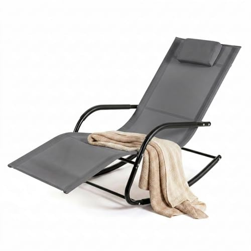Multigot Rocking Garden Sun Lounger, Zero Gravity Reclining Deck Chair with Headrest and Curved Armrests, Metal Frame Outdoor Chaise Lounge Chair for Poolside Backyard (Grey)