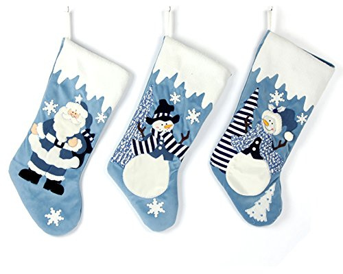 Etistta Classic 19 inch Blue Christmas Stockings Set of 3, Blue White Christmas Decor Velvet Applique Snow Stockings for Christmas Fireplace Decorations - Santa, Snowman