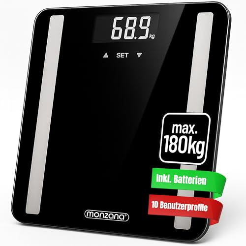 MONZANA® Personenwaage Digital BIA Analyse Waage Körperfett Muskelmasse für 10 Nutzer-Profile Große Trittfläche 30x30cm Fitness Körperwaage bis 180kg