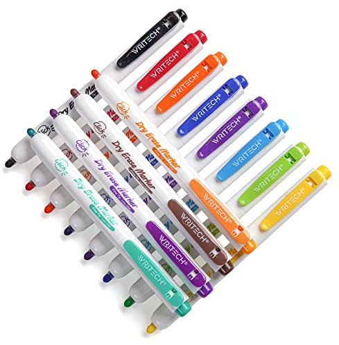 WRITECH Retractable Dry Erase Markers: Fine Tip Assorted Colors Low Odor Multi Colored Set Refillable Clickable Multicolor Thin Point Whiteboard Marker Bulk 12ct No Bleed Smear