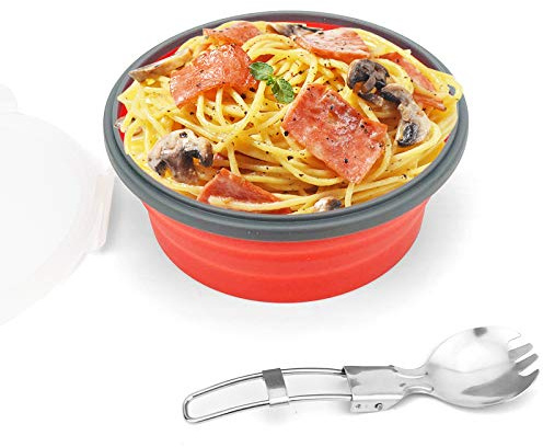 CCyanzi 1200ml Collapsible Camping Bowl Silicone Food Storage Container with Lid and Foldable Stainless Steel Fork Spoon, for Picnic, Travel, Camping, RV, Fridge and Microwave Bowls(Round, Red)