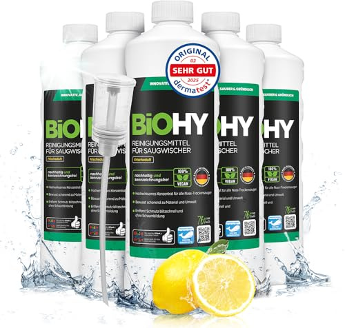 BiOHY Rengöringsmedel för sugmopp med fräsch doft (6 x 1 liter) doserare | 1:200 koncentrat för alla våt- och torrdammsugare | perfekt för kakel, PVC, parkett, laminat och matta | remfri