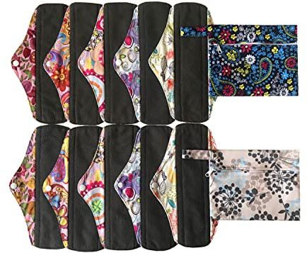 MUMBABY Lot de 12 mini sacs humides et 10 chiffons Mama en charbon de bambou / serviettes hygiéniques réutilisables (bleu Chine et argent, 25,4 cm)