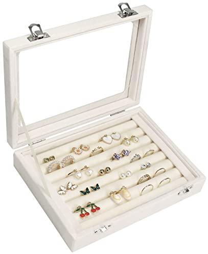 Vicoter Rings Organizer Tray 7 Slots Velvet Jewelry Earring Storage Box with Transparent lid Jewelry Display Case for Girls Wife Mom Women (Beige)