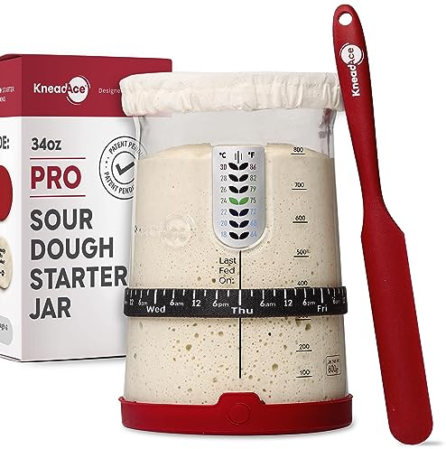 KNEADACE Pro Glass - Kit de iniciación de pan de masa madre - Tarro de gran capacidad de 34 onzas con 5 características únicas para el kit de inicio perfecto de pan de masa agria y masa madre -