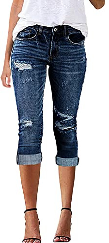 IQYU Capri jeans dam stretch destroyed – capribyxor dam 3/4 strech jeansbyxor sommar fritidsbyxor lätta jeansbyxor korta byxor 7/8 dambyxor hög midja capribyxor crissjeans bermudashorts