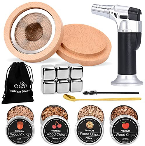 Kit de Fumoir Cocktail, MKNZOME Kit de Fumoir à Whisky à l'ancienne avec 4 Saveurs de Copeaux de Bois Ensemble Fumeur Cocktail Cadeau d'anniversaire Noël Fête des Pères pour Homme, Papa, Mari