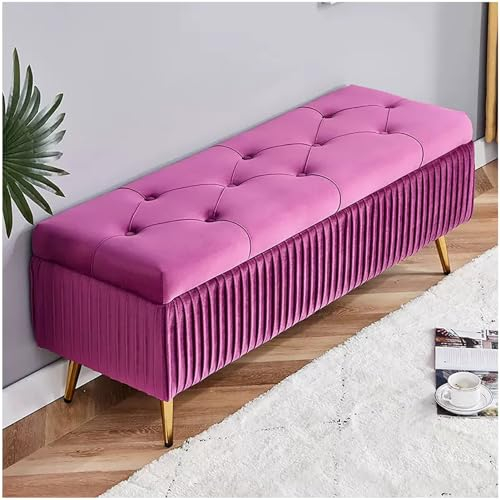 Moderne Samt-Ottomane, gepolsterte Fußstütze, Ottomane mit goldfarbenen Metallbeinen, knöpfbarer Ottomane mit Stauraum am Ende der Bettbank, Eingangsbank (Größe: 80 x 40 x 45 cm, Farbe: Violett)
