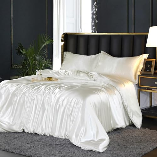 DXHOME Juego de ropa de cama de 200 x 200 cm, satén blanco, beige, crema, brillante, liso, seda lisa, ropa de cama de seda lisa, juego de ropa de cama de lujo de satén brillante, microfibra, juego de