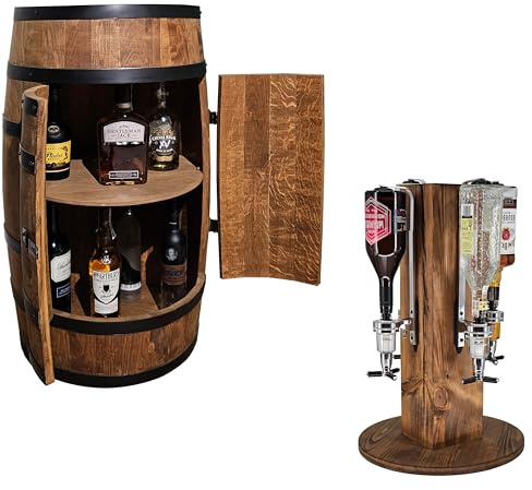 CREATIVE COOPER set av en träbar vinfat med dörr och ett alkoholstativ med 4 pipar wenge