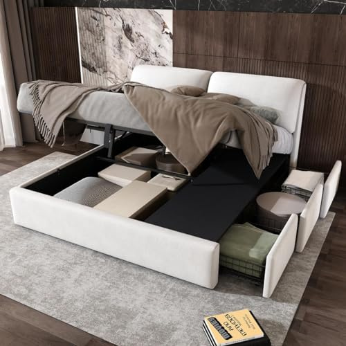 Sweiko Lits rembourrés 180 * 200 cm, Lits de Rangement en Velours avec 3 tiroirs, Lits pour Adultes,Beige (sans Matelas)