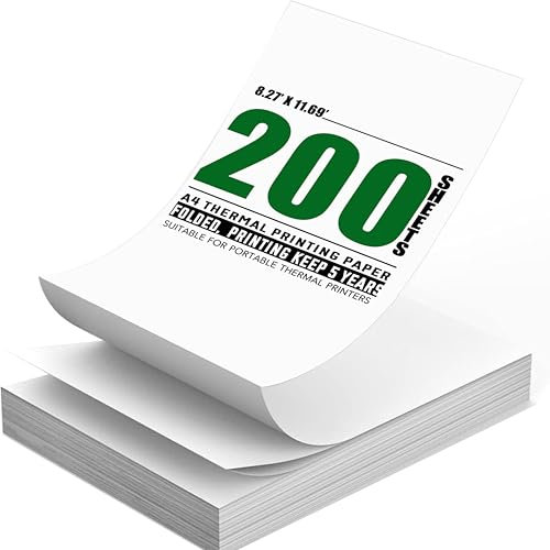 200 Blatt, A4-Thermopapier für Tragbare Drucker M08F/ M832/ Q302/M834/MT800, Kompatibel mit Broth... Phom... HP..., A4 Thermopapier 210x297 mm (Gefaltet, Endlospapier)