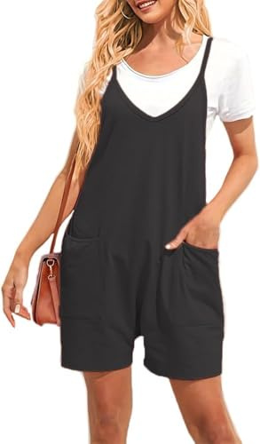 TTPSRY Sommardräkter för kvinnor eleganta ärmlösa jumpsuits jumpsuit endelad ledig baggy byxor breda ben enfärgade shorts, Svart, S