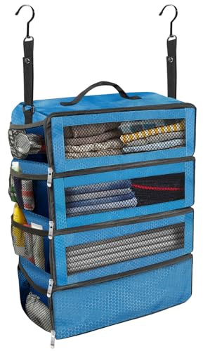 Olosar Resväska organiserare, resebagage organiserare, bärbara hängande reshyllor, hopfällbara hängande packkuber för handbagage resväska, blå – M