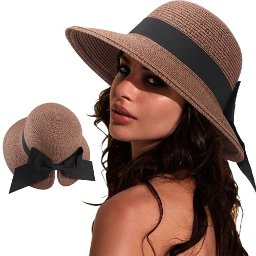 DRESHOW Sonnenhüte für Damen Reise Fedora Faltbarer Strand Sonnenhut Sommer Breite Krempe Stroh Eimer Hut mit Bowknot UPF 50+
