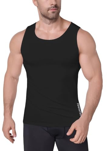 Towintec Men Compression Vest Tank Top with Body Shaper Breathable Elastic for Running Crew Neck Mesh Undershirt Workout Gym Excersice Sport Shirts Basketball Slimming Tummy Control Tight Black