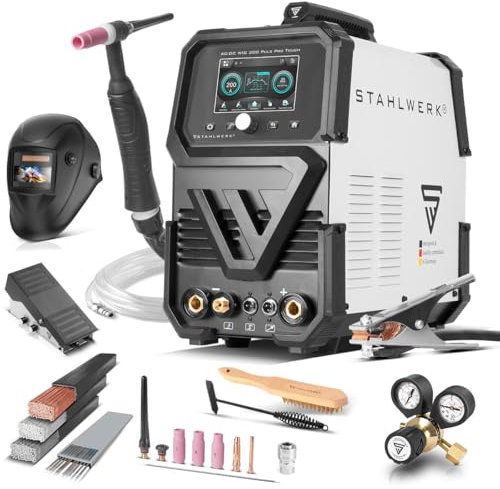 STAHLWERK Schutzgas-Schweißgerät AC/DC WIG 200 Puls Pro Touch Vollausstattung IGBT-Inverter mit 200 Ampere, ARC/MMA Funktion, Job-Speicher, Puls-und Spot-Funktion, geeignet für Alu und Dünnblech
