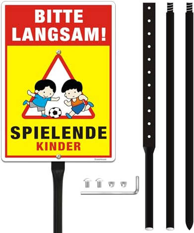XXL Achtung Kinder Schild 35x25cm Reflektierendes Aluminium,Spielende Kinder Warnschild Gesamthöhe mit Pfosten 1.41m,Bitte Langsam Fahren Groß Warnschild UV-Beständig, Wasserfest, Rostfrei（Gelb）