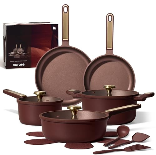 CAROTE Pots and Pans Set Nonstick, 16pcs Cookware Set Nonstick Non-Toxic & PFOA&PFOS-Free, Dishwasher, RV/Camping Cookware Set, Cooking Pots with Lids,Wine Red