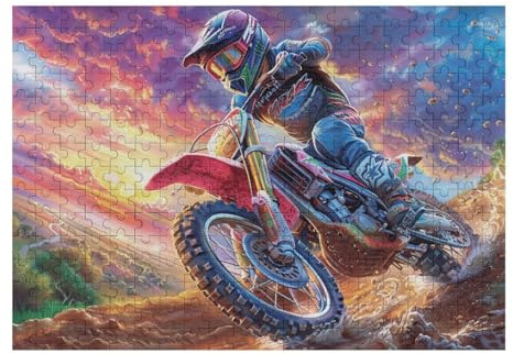 Piloto de Motocross al Atardecer Puzzle 300 Piezas Desafío Impossible Rompecabezas para Adultos Aliviar Estrés Decoración Hogar 3D Maquetas Construir 300 PCS