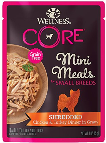 Wellness CORE Natural Grain Free Small Breed Mini Meals Wet Dog Food, Shredded Chicken & Turkey Dinner in Gravy, 3-Ounce Pouch (Pack of 12)