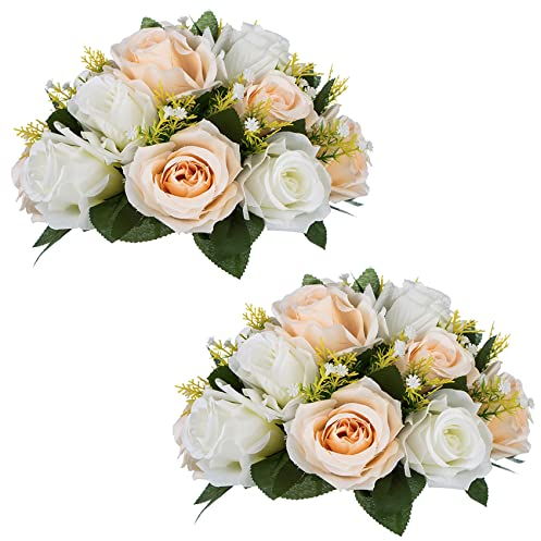 NUPTIO 2 Pcs Artificial Flower Ball Arrangement Bouquet,15 Heads Plastic Roses with Base, Suitable for Wedding Centerpiece Flower Rack for Parties Valentine's Day Home Décor (Champagne & White)