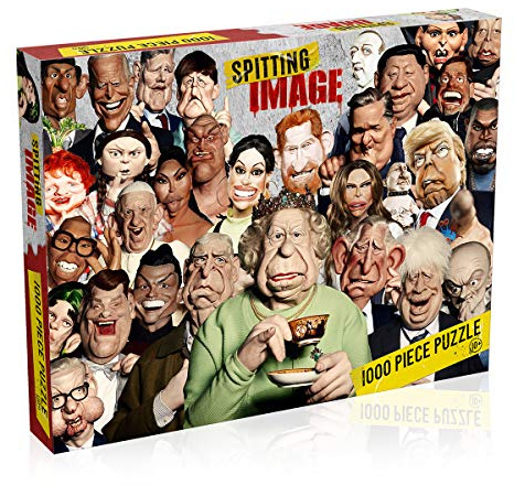 Winning Moves Spitting Image Puzzle-Spiel, 1000 Teile, eine Montage von Puppen wie Ed Sheeran, Billie Eilish und Ihre Majestät, Geschenk für Kinder ab 10 Jahren