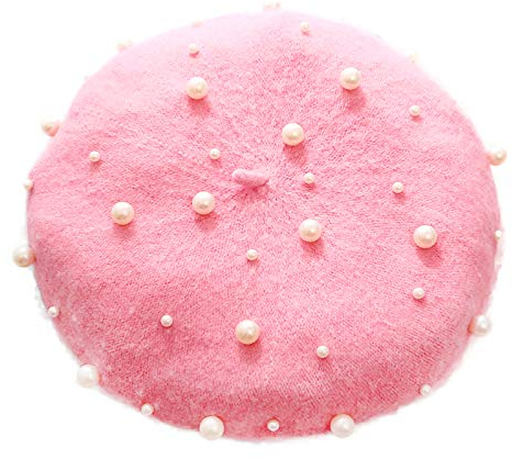 ZARSIO Women Beret Pearl Elegant Sweet Artist French Style Beret Beanie Cap (Pink)
