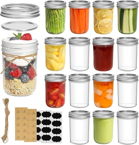 ComSaf 240ml Einmachgläser mit Deckel 16 Stück Mason jar, Vorratsgläser für Lebensmittel für selbstgemachte Lebensmittel,Marmelade, Honig,Joghurt,Gurken und Bohnen mit Etiketten Marmeladengläser