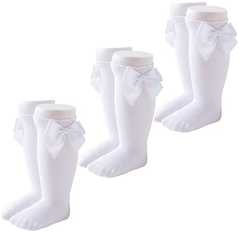 Marchare - Calze al ginocchio per bambine, con fiocco, in cotone, 5 paia, 0-5T, 3-12 Months
