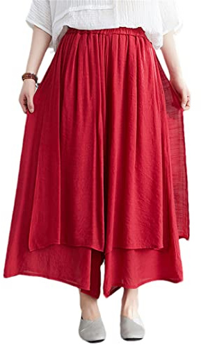 ERFMFKL Women's Cotton Linen Wide Leg Pants Solid Color Elastic Waist Cropped Hakama Red