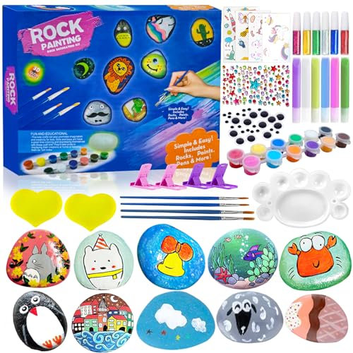 NINGESHOP Kit de Peinture sur Pierre pour Enfants, 10 Galets à Décorer, Kits de Peinture Rupestre pour Enfants, Kits de Bricolage avec 24 Peintures, Kits de Loisirs Créatifs pour Enfants de 3+ Ans