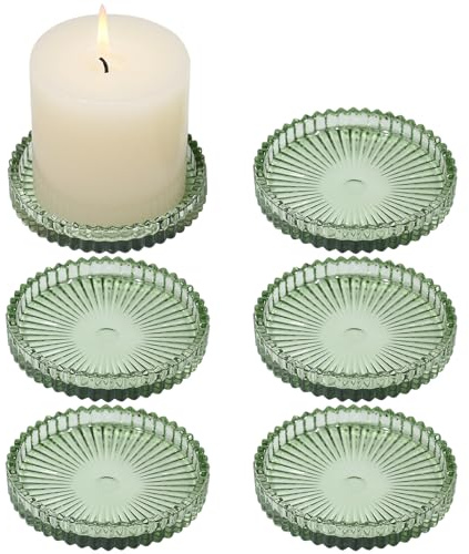 CHOCSTAY Glass Pillar Candle Holder, 4 Green Candle Plates Set of 6, Glass Candle Holders for Wedding, Party, Holiday, Home Decor, Table Centerpiece