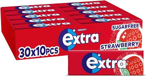 Wrigley's Extra Sugarfree Chewing Gum, Refreshing Strawberry Flavour, Freshens Breath, With Xylitol, Helps with Oral Hygiene for Healthy Teeth and Gums 30 x 10 Packs | Sold by Essential Products