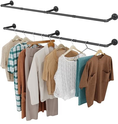OROPY 2 Stück Kleiderständer, industrielle Kleiderstange, Wandmontage, 167 cm, Rohrstange für die Wandaufhängung, für Schlafzimmer, aus schwarzem Metall, Basis 3