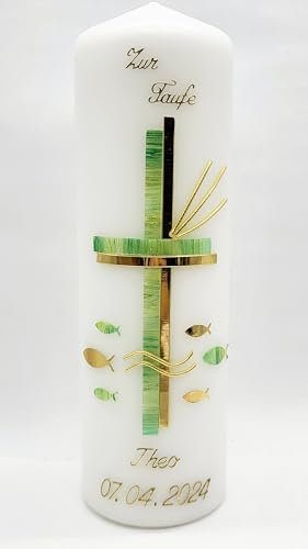 Taufkerze T-23hg inkl. Namen und Datum in vers. Farben (Taufspruch auf Rückseite möglich)